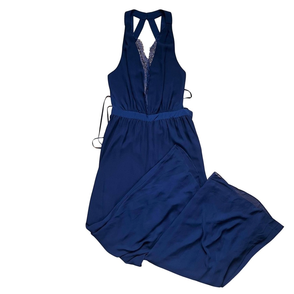 BCBGeneration Navy Blue Halter Wide Leg Jumpsuit V-Neck Lace Trim 12 Minimalist - Picture 6 of 10